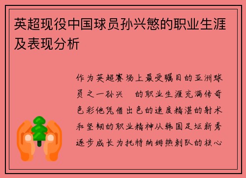 英超现役中国球员孙兴慜的职业生涯及表现分析
