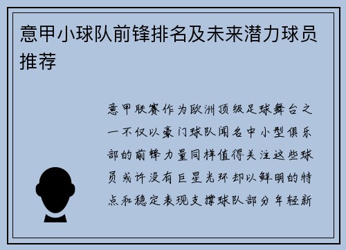 意甲小球队前锋排名及未来潜力球员推荐
